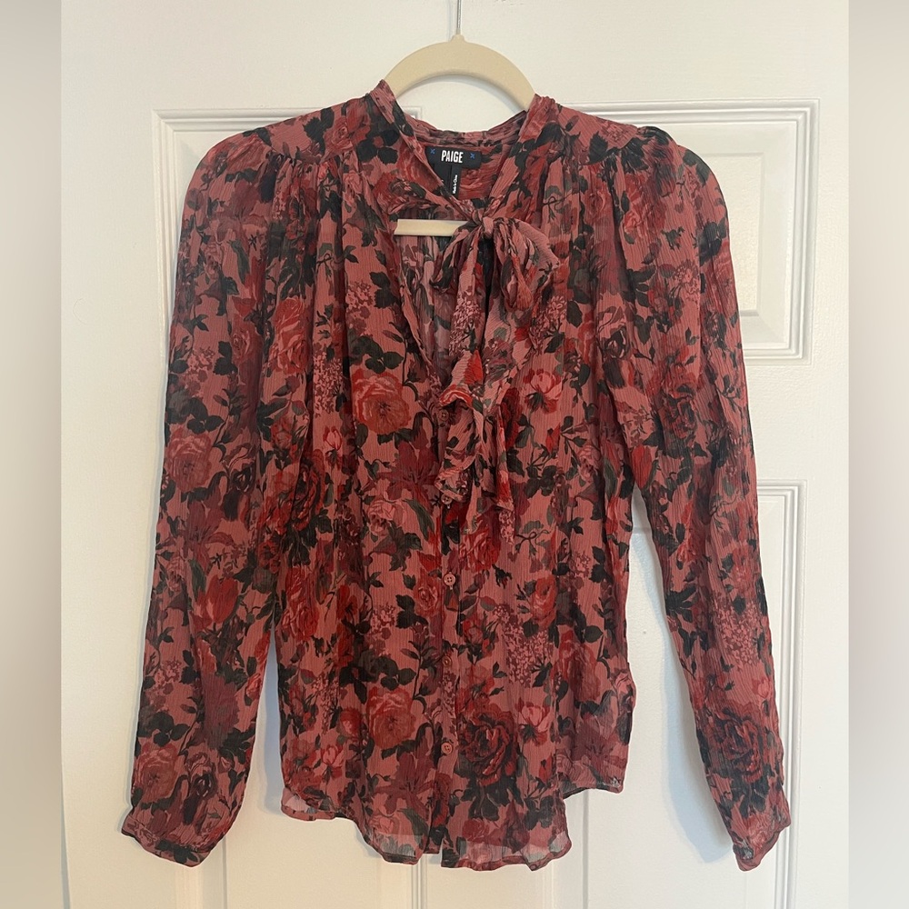 PAIGE Silk Rose-Print Tie Neck Blouse in Rust and Black